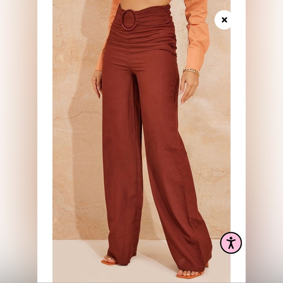 Rust Linen Look Ring Front Wide Leg Pants - Picture 4 of 7